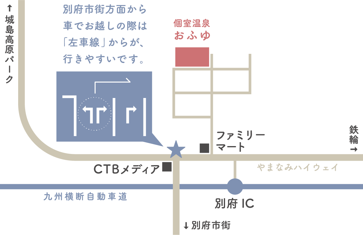別府市街方面から車でお越しの際は「左車線」からが、行きやすいです。